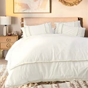 NWT, White King Duvet Cover with Boho Shag, Cotton